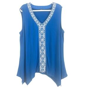 Adrianna Papell Blue Shark Bite Hem White Boho Tribal Embroidery Sleeveless Top